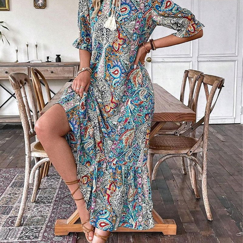 Lise - Elegante Boho Jurk met Bloemenpatroon
