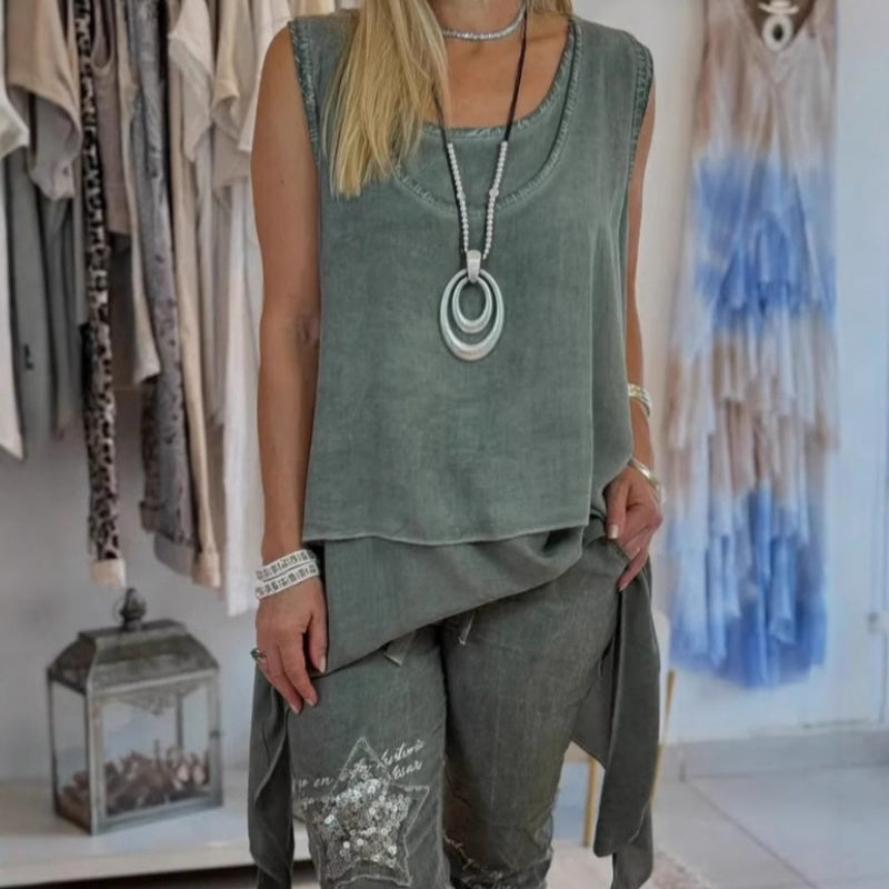 Oriane - Tweedelige damesset: mouwloze top en bedrukte broek