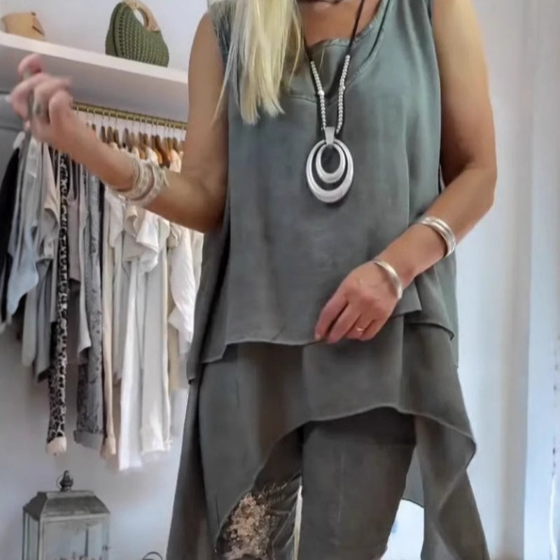 Oriane - Tweedelige damesset: mouwloze top en bedrukte broek