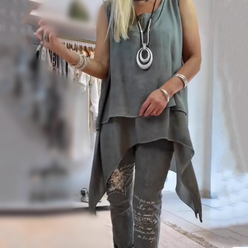 Oriane - Tweedelige damesset: mouwloze top en bedrukte broek