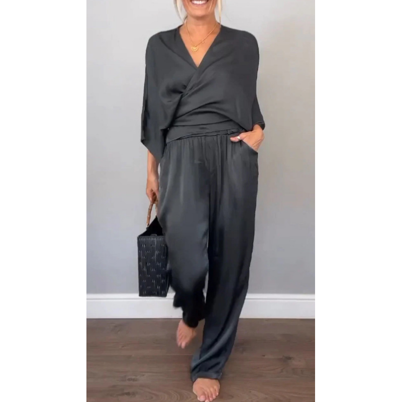 Aurea - Elegante 2-delige damesset, top met v-hals en gemerceriseerde katoenen broek