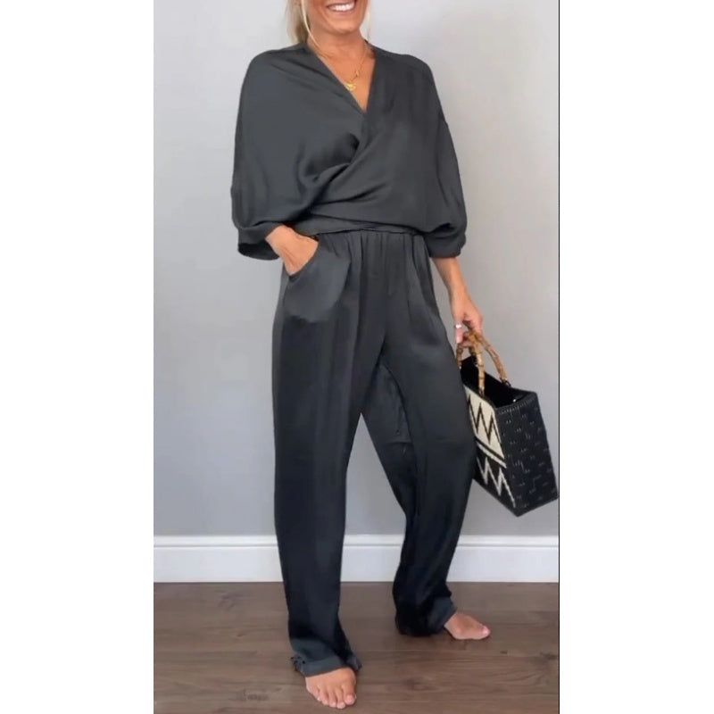 Aurea - Elegante 2-delige damesset, top met v-hals en gemerceriseerde katoenen broek