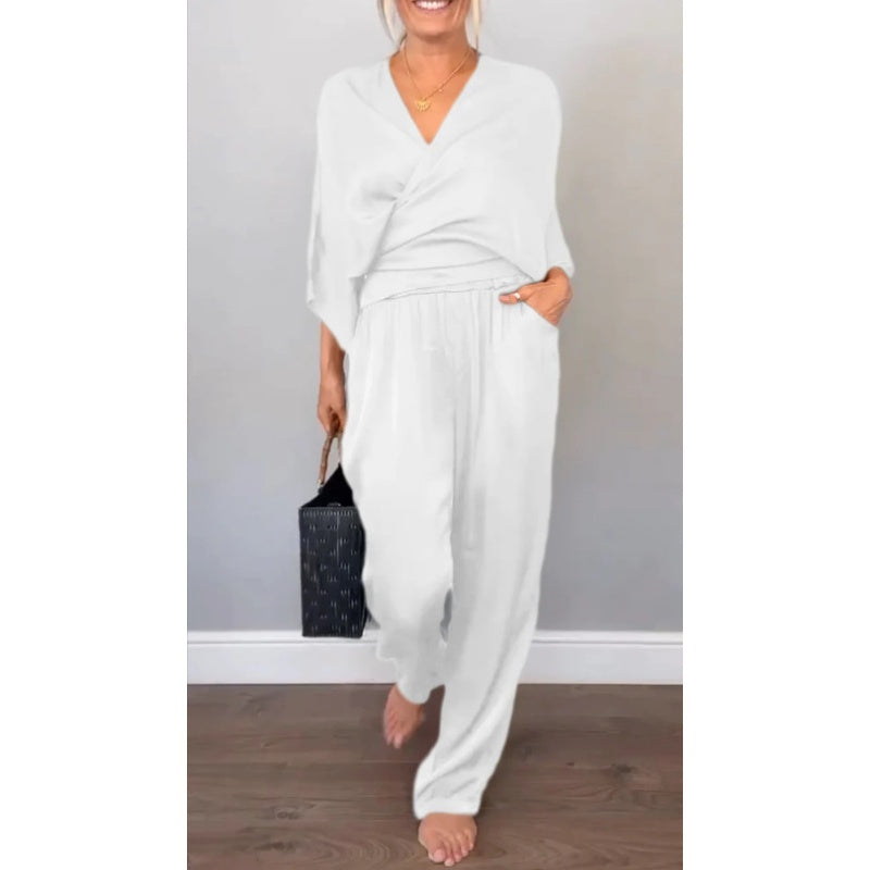 Aurea - Elegante 2-delige damesset, top met v-hals en gemerceriseerde katoenen broek