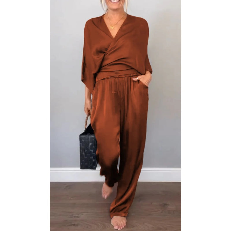 Aurea - Elegante 2-delige damesset, top met v-hals en gemerceriseerde katoenen broek