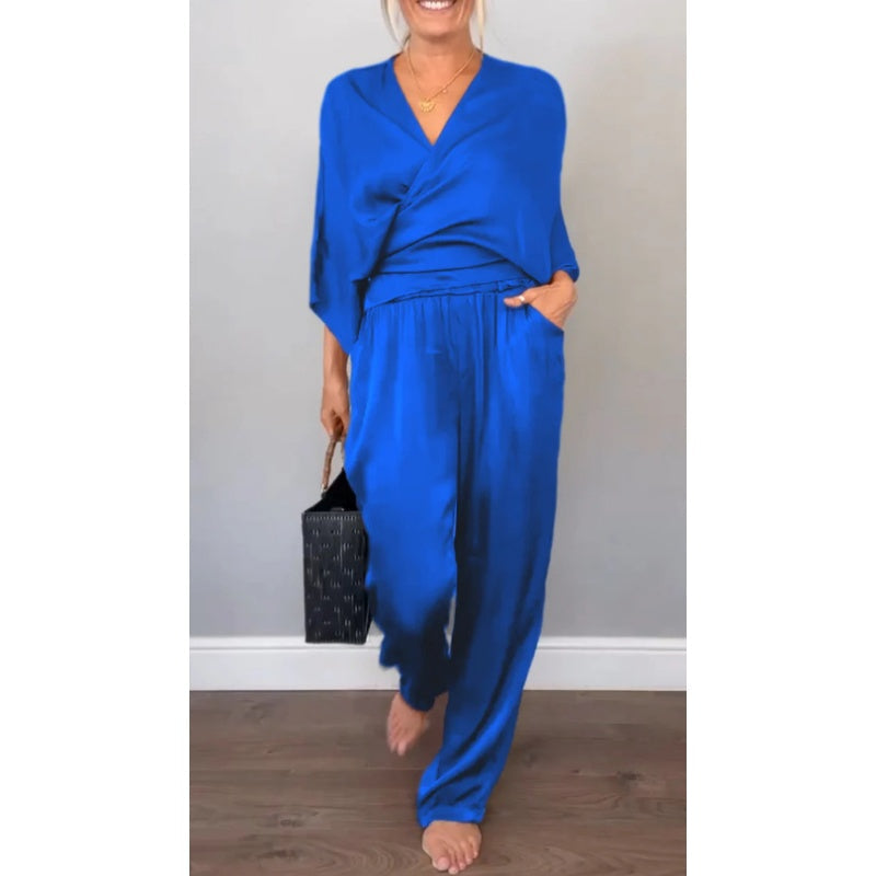 Aurea - Elegante 2-delige damesset, top met v-hals en gemerceriseerde katoenen broek