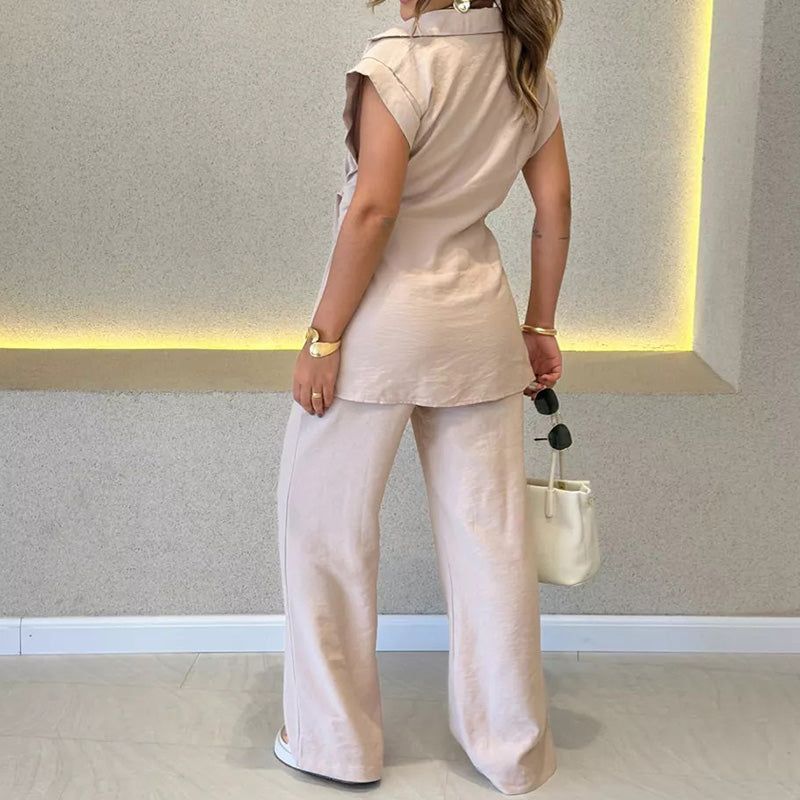 Ivette - Elegante set met blouse zonder mouwen en pantalon met hoge taille