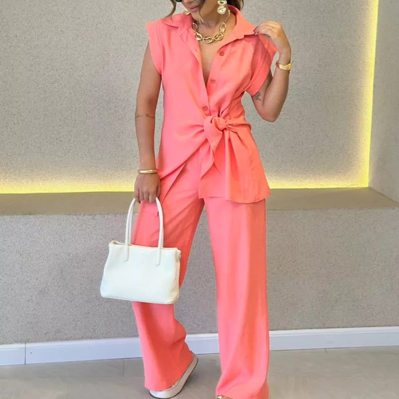 Ivette - Elegante set met blouse zonder mouwen en pantalon met hoge taille