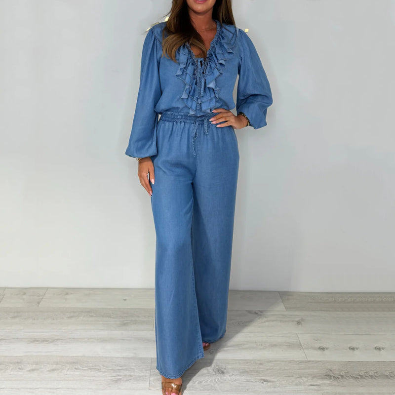 Sorina - Casual Set met lange mouwen en wijde broekspijpen