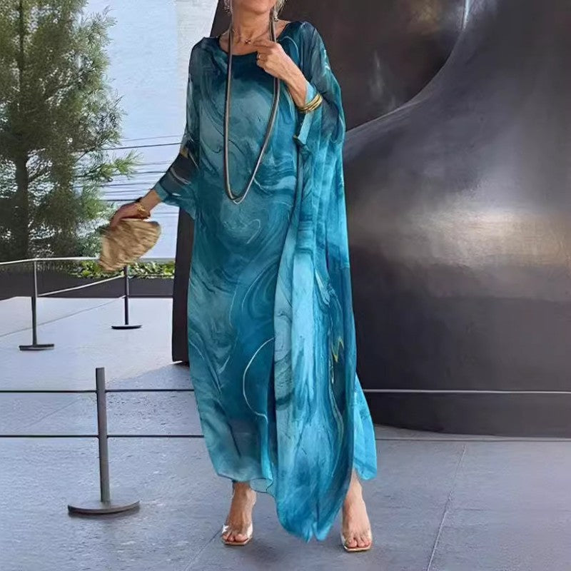 Lenora - Elegante jurken van gemarmerd chiffon met print