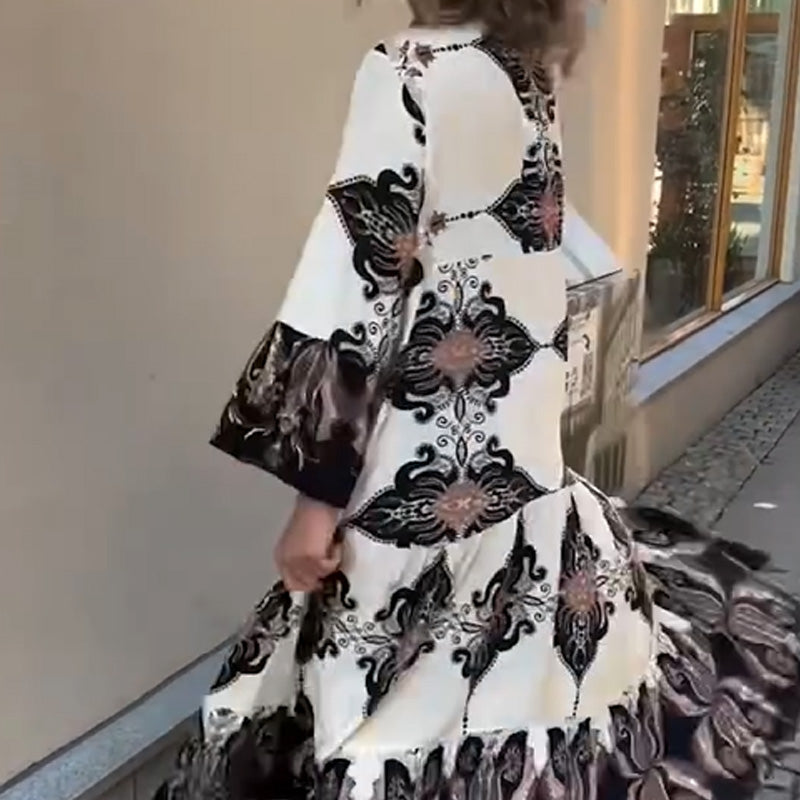 Anirelle - Elegante damesjurk met print, soepelvallend, V-hals en uitlopende mouwen