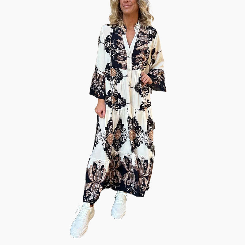 Anirelle - Elegante damesjurk met print, soepelvallend, V-hals en uitlopende mouwen
