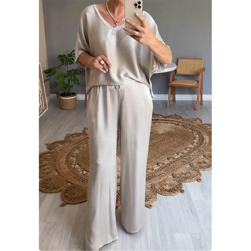 Kavryne - Tweedelige set met losse pasvorm elastische taille elegante satijnen stijl