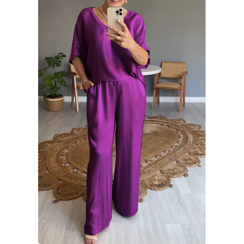 Kavryne - Tweedelige set met losse pasvorm elastische taille elegante satijnen stijl