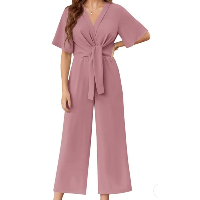 Sylenna - Dames jumpsuit met V-hals en brede benen met riem