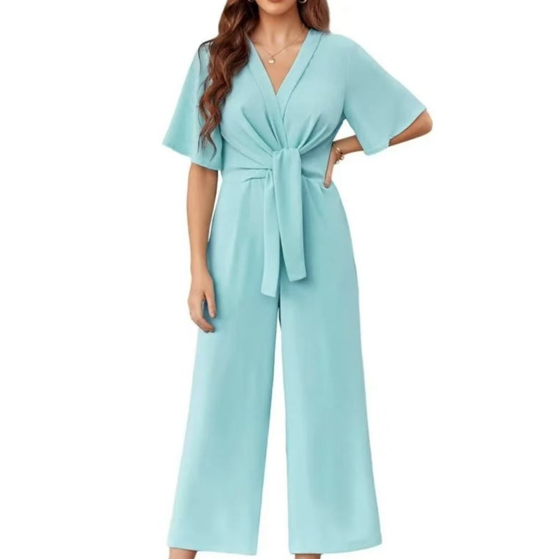 Sylenna - Dames jumpsuit met V-hals en brede benen met riem