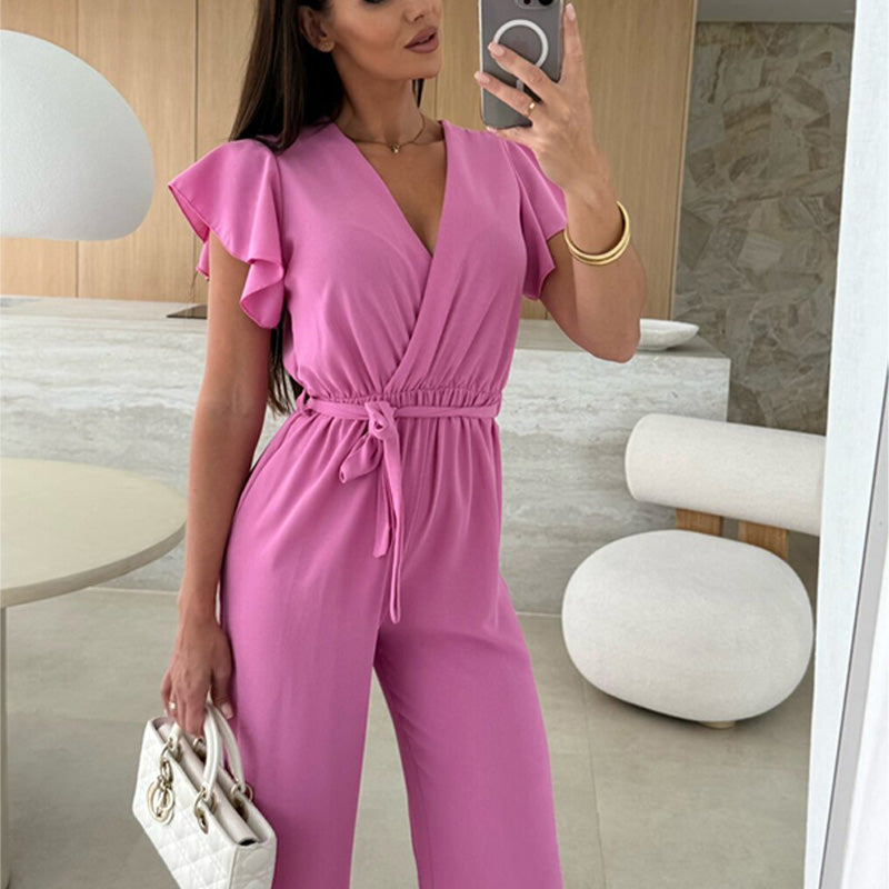 Isolina - Effen jumpsuit met V-hals, mouwen met ruches en wijde pijpen