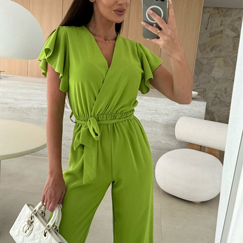 Isolina - Effen jumpsuit met V-hals, mouwen met ruches en wijde pijpen