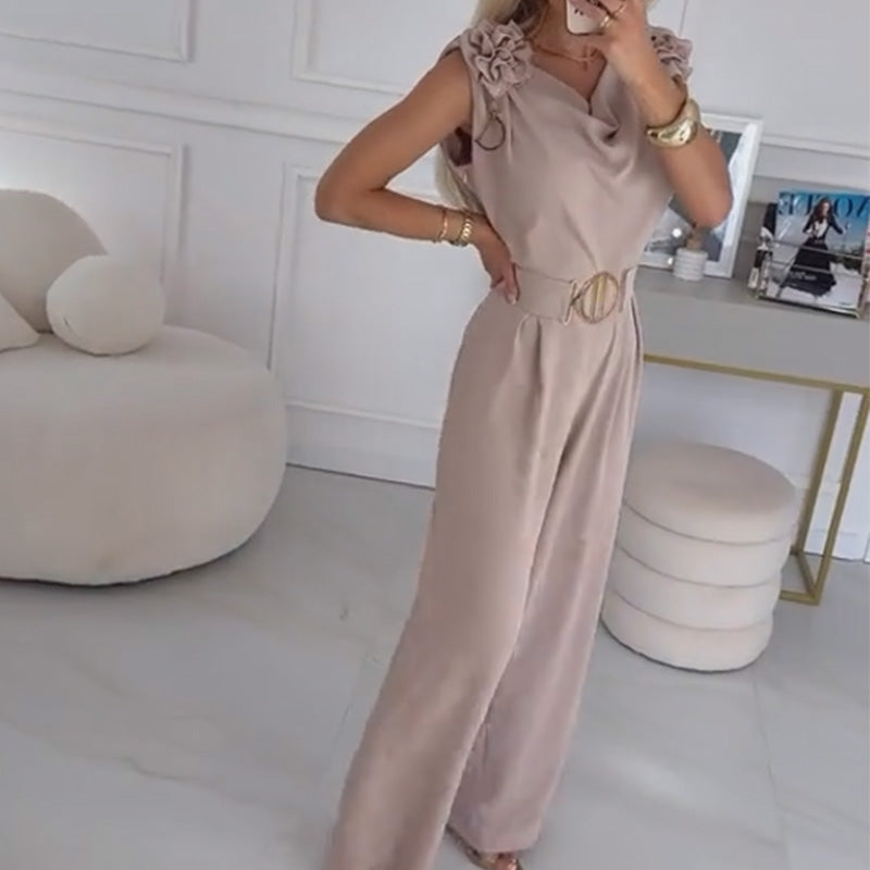 Jasene - Dames zonder mouwen jumpsuit met 3D bloemen en riem