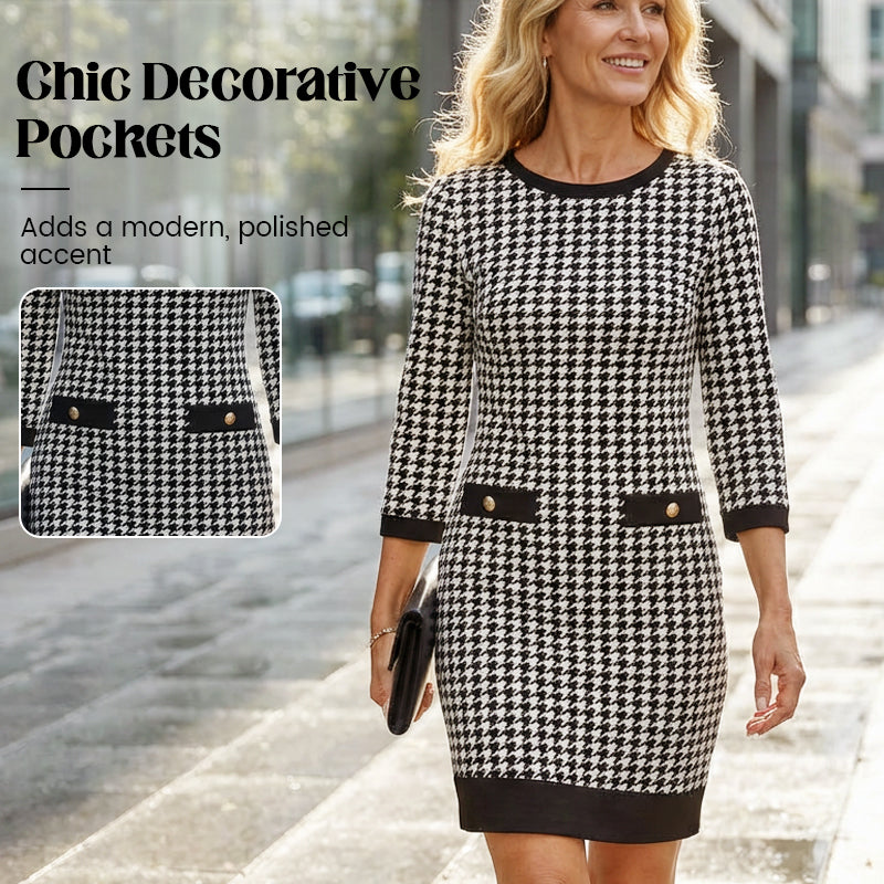 Olyra - Midi Jurk Houndstooth Met Ronde Hals Elegante