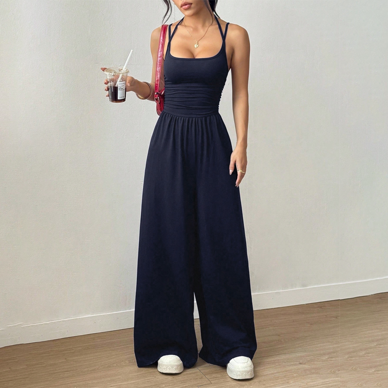 Jovixia - Dames jumpsuit met fijne bandjes luchtig wijde benen zomer