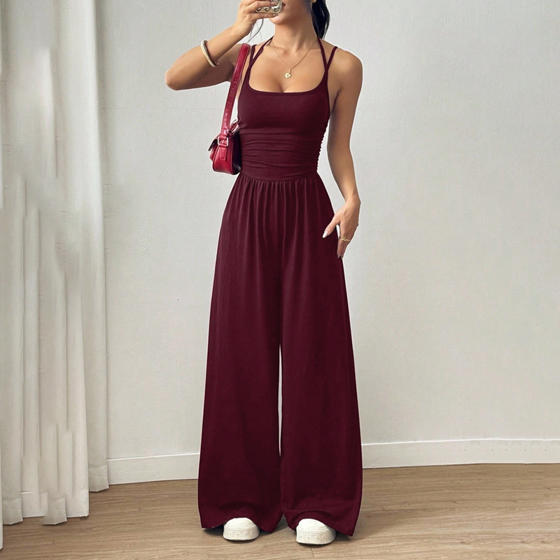 Jovixia - Dames jumpsuit met fijne bandjes luchtig wijde benen zomer