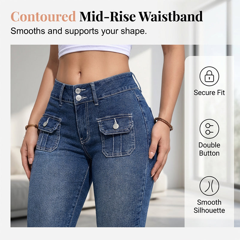 Hovelle - Dames Capri Broek Denim Stretch Aansluitende Pasvorm Midden Hoge Taille