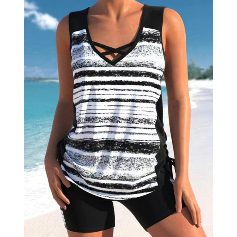 Tovienne - Tankini voor dames twee stukken V-hals korte geometrische print