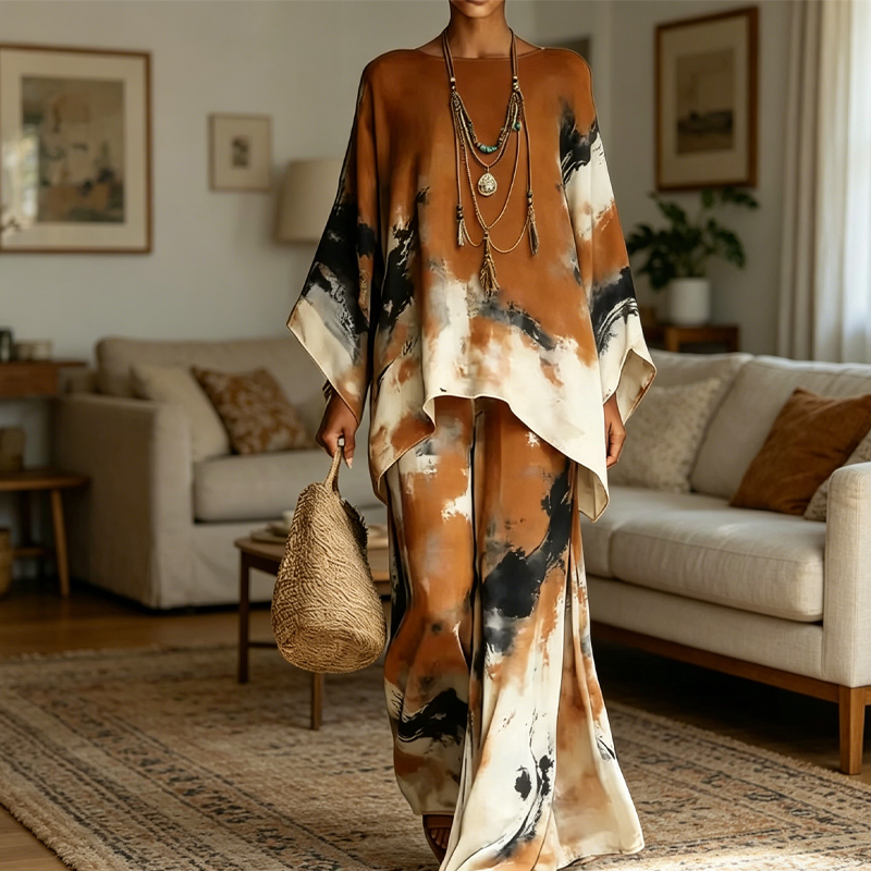 Falvynna - Dames set van twee delen met abstracte print oversized tuniek wijde broek