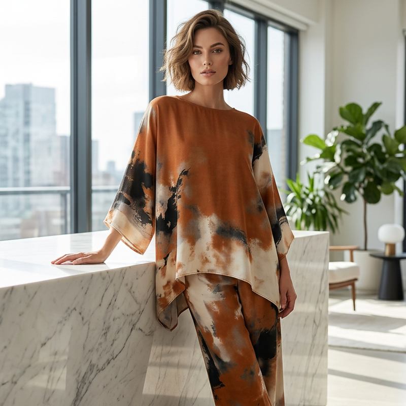 Falvynna - Dames set van twee delen met abstracte print oversized tuniek wijde broek