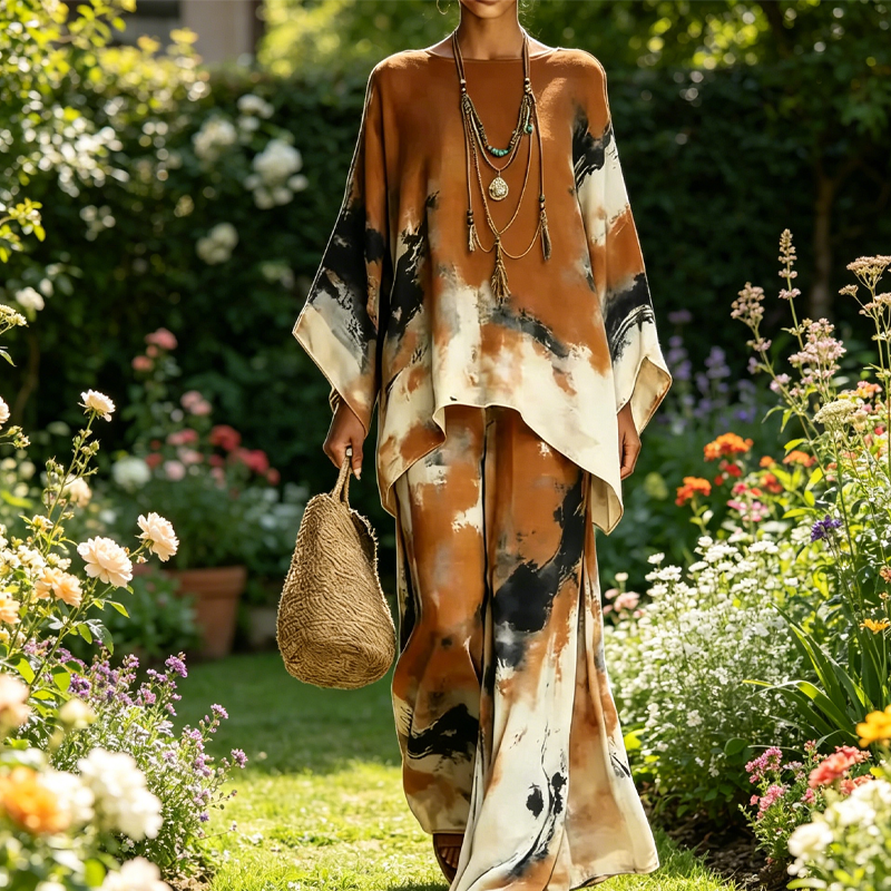 Falvynna - Dames set van twee delen met abstracte print oversized tuniek wijde broek