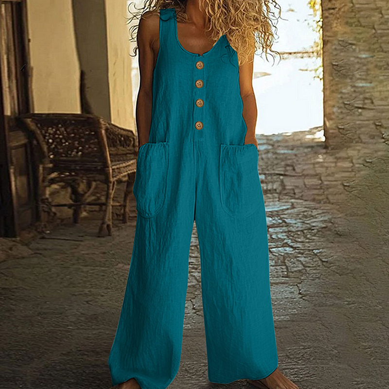 Beloria - Dames jumpsuit zonder mouwen met wijde benen en zakken