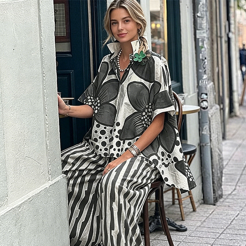 Celitha - Dames ensemble met botanische print en brede broek