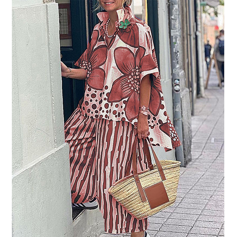 Celitha - Dames ensemble met botanische print en brede broek