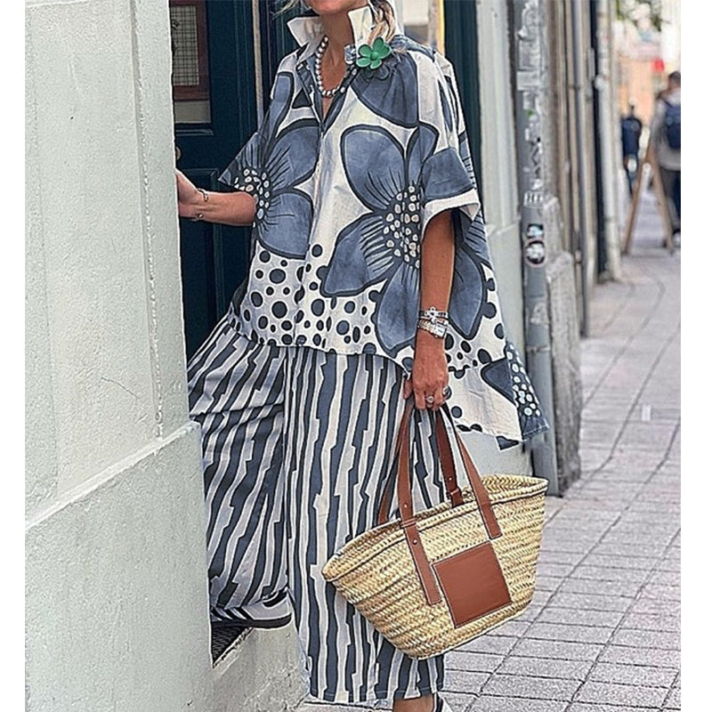 Celitha - Dames ensemble met botanische print en brede broek