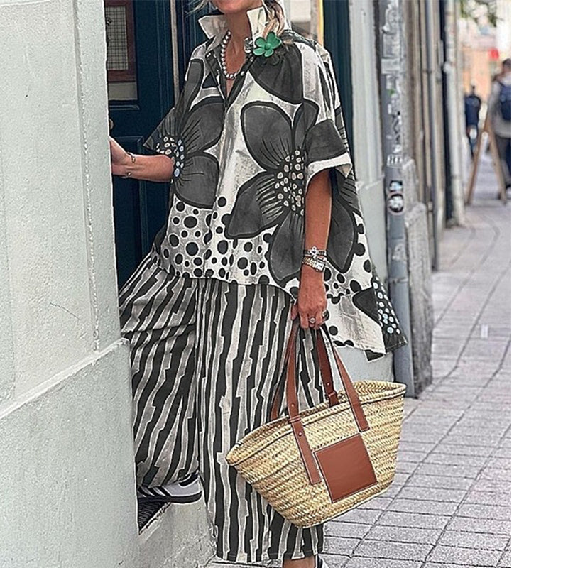 Celitha - Dames ensemble met botanische print en brede broek