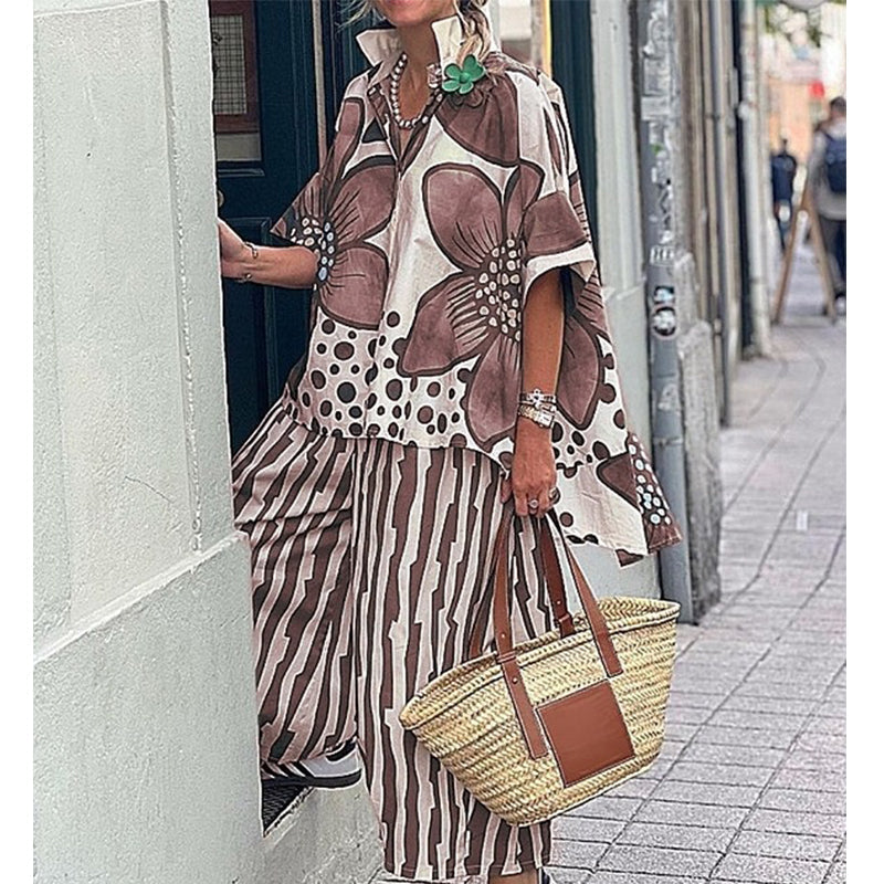 Celitha - Dames ensemble met botanische print en brede broek