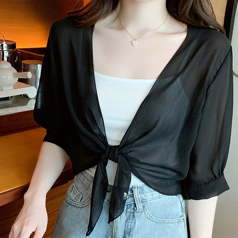 Brynoria - Korte vrouwen top van transparant chiffon met strik aan de voorkant