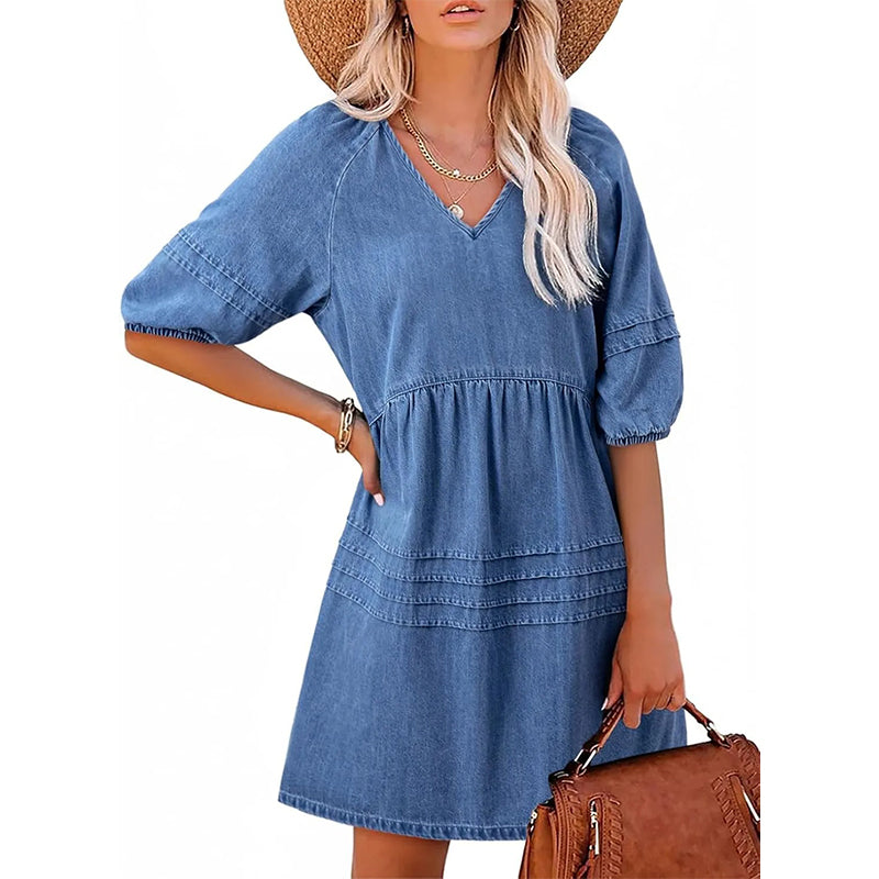 Olivessa - Lichte denim jurk voor dames met V-hals en casual snit