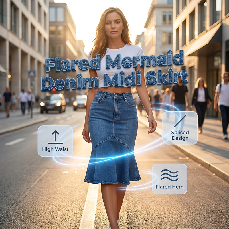 Ivessia - Midi spijkerrok voor dames met hoge taille, zeemeermin snit