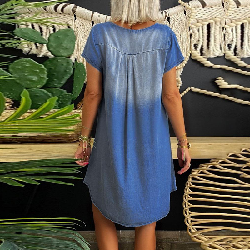 Loryssa - Dames denim jurk met V-hals en korte mouwen