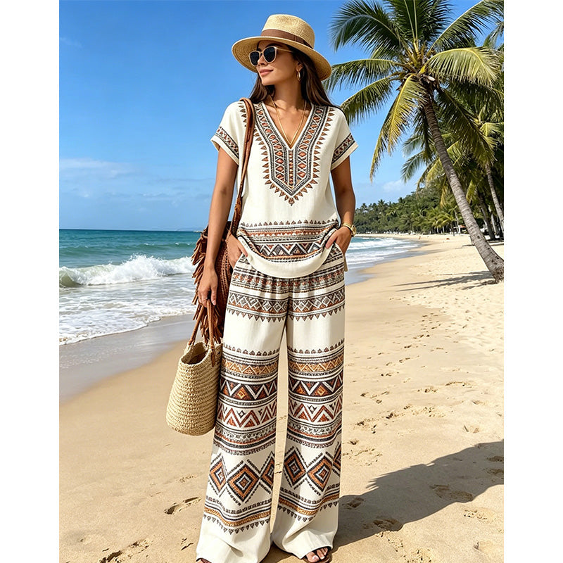 Rynessa - Boho dames ensemble met gedrukte top en brede broek