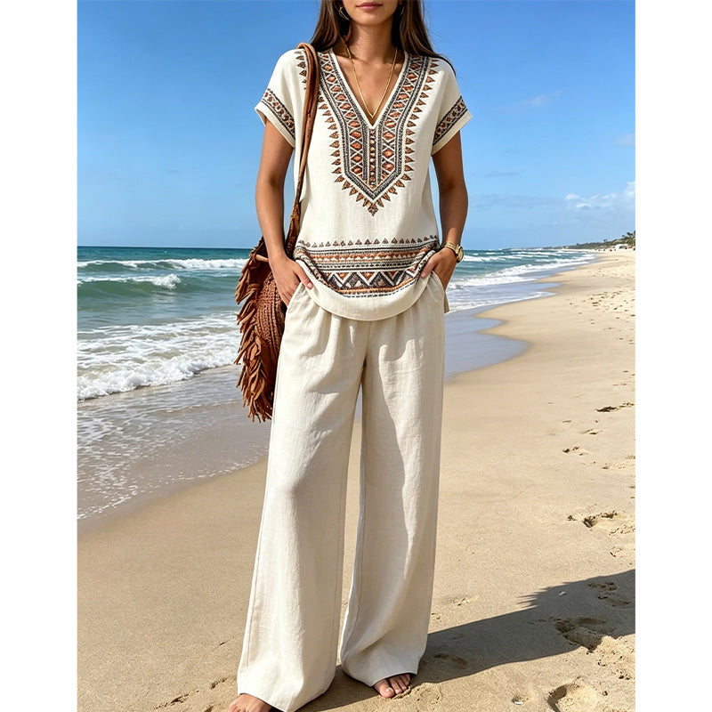 Rynessa - Boho dames ensemble met gedrukte top en brede broek