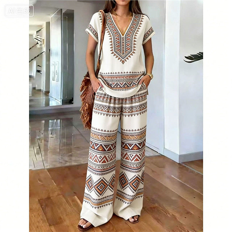Rynessa - Boho dames ensemble met gedrukte top en brede broek