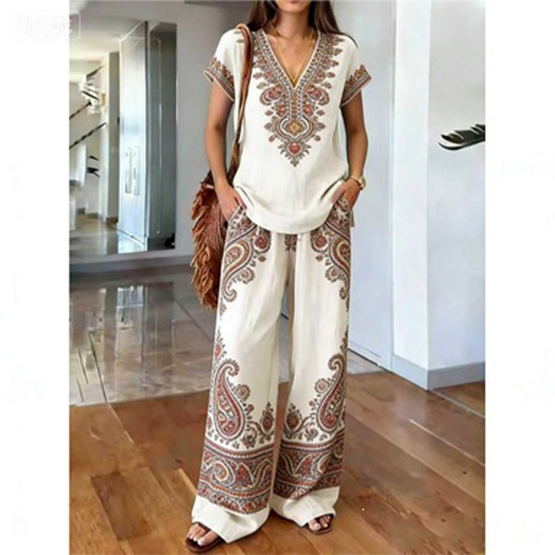 Rynessa - Boho dames ensemble met gedrukte top en brede broek