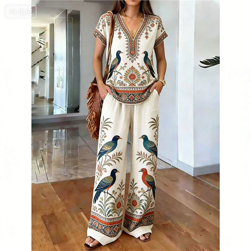 Rynessa - Boho dames ensemble met gedrukte top en brede broek