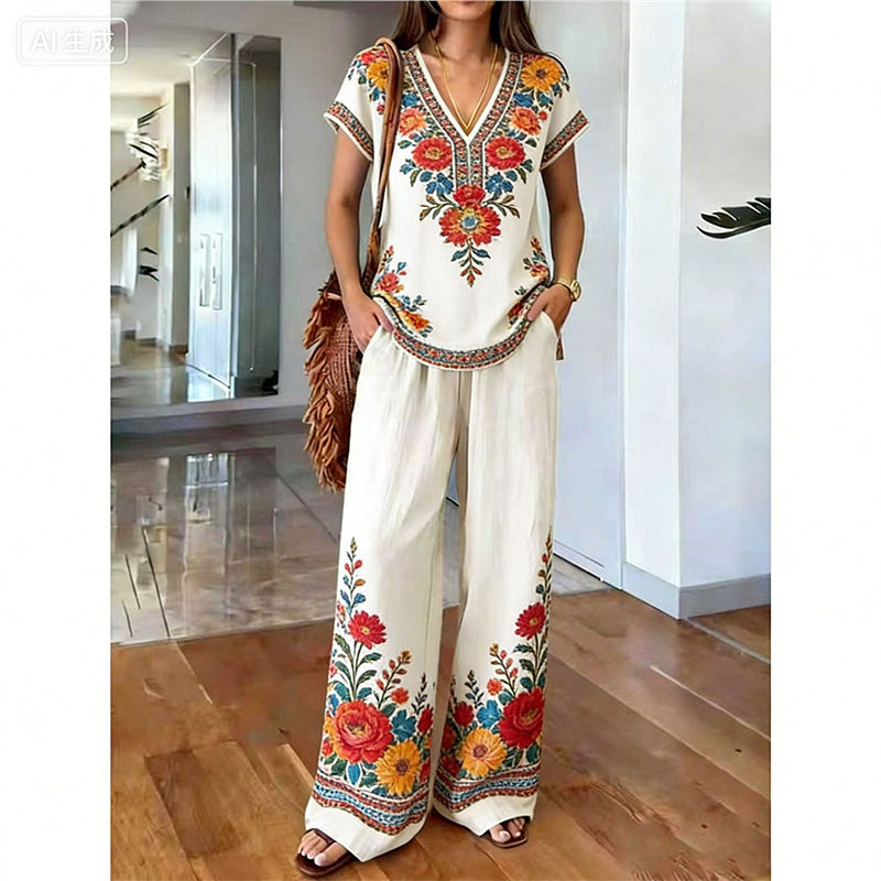 Rynessa - Boho dames ensemble met gedrukte top en brede broek
