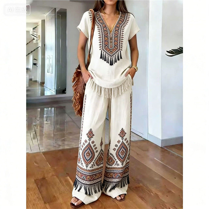 Rynessa - Boho dames ensemble met gedrukte top en brede broek