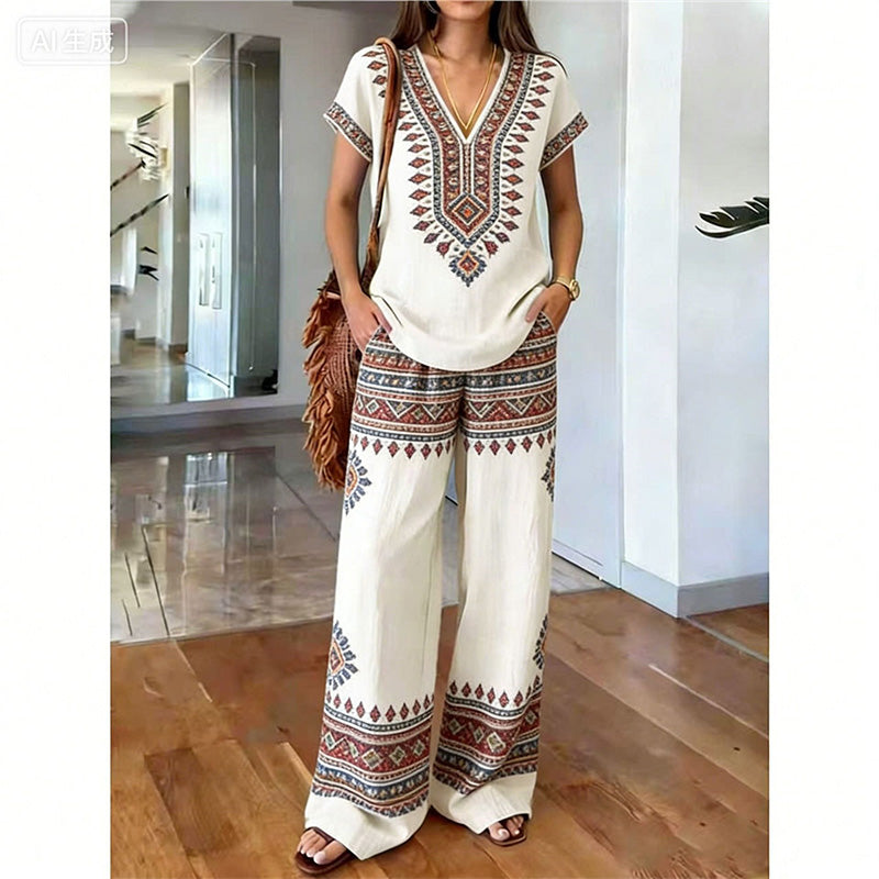 Rynessa - Boho dames ensemble met gedrukte top en brede broek