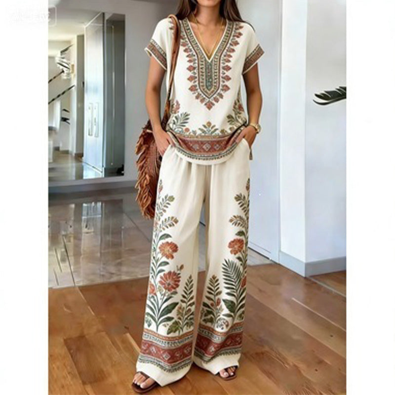 Rynessa - Boho dames ensemble met gedrukte top en brede broek