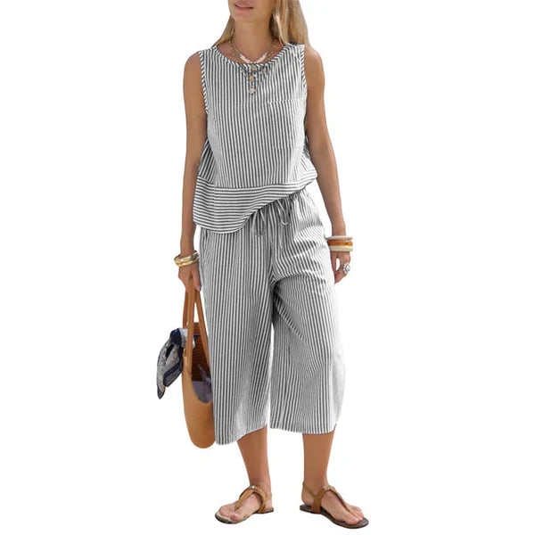 Iloria - Gestreept damesensemble van viscose met capri broek
